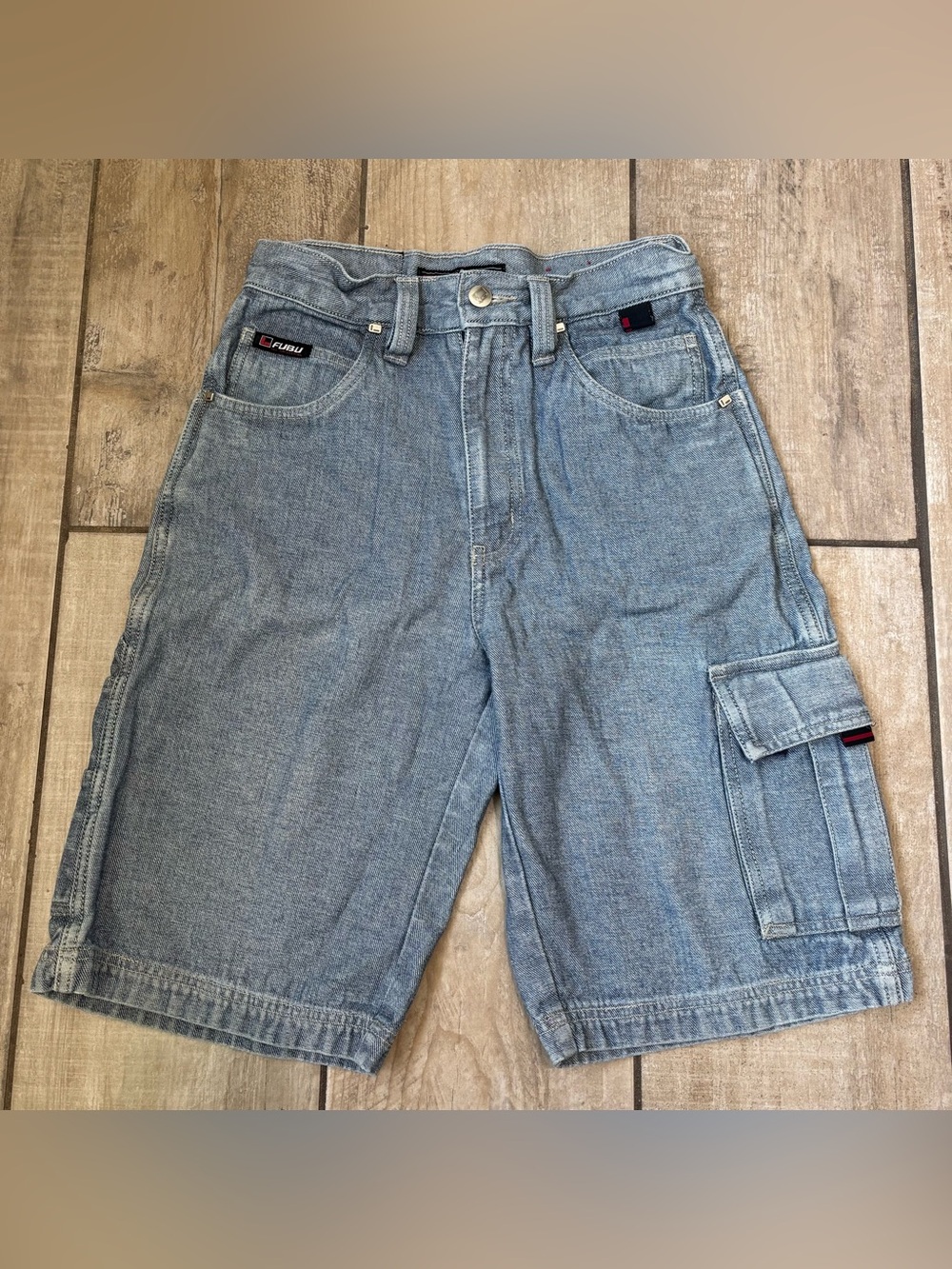 Y2K FUBU The Collection Cargo Denim Shorts Boys Sz 14 Light Wash Streetwear Vtg